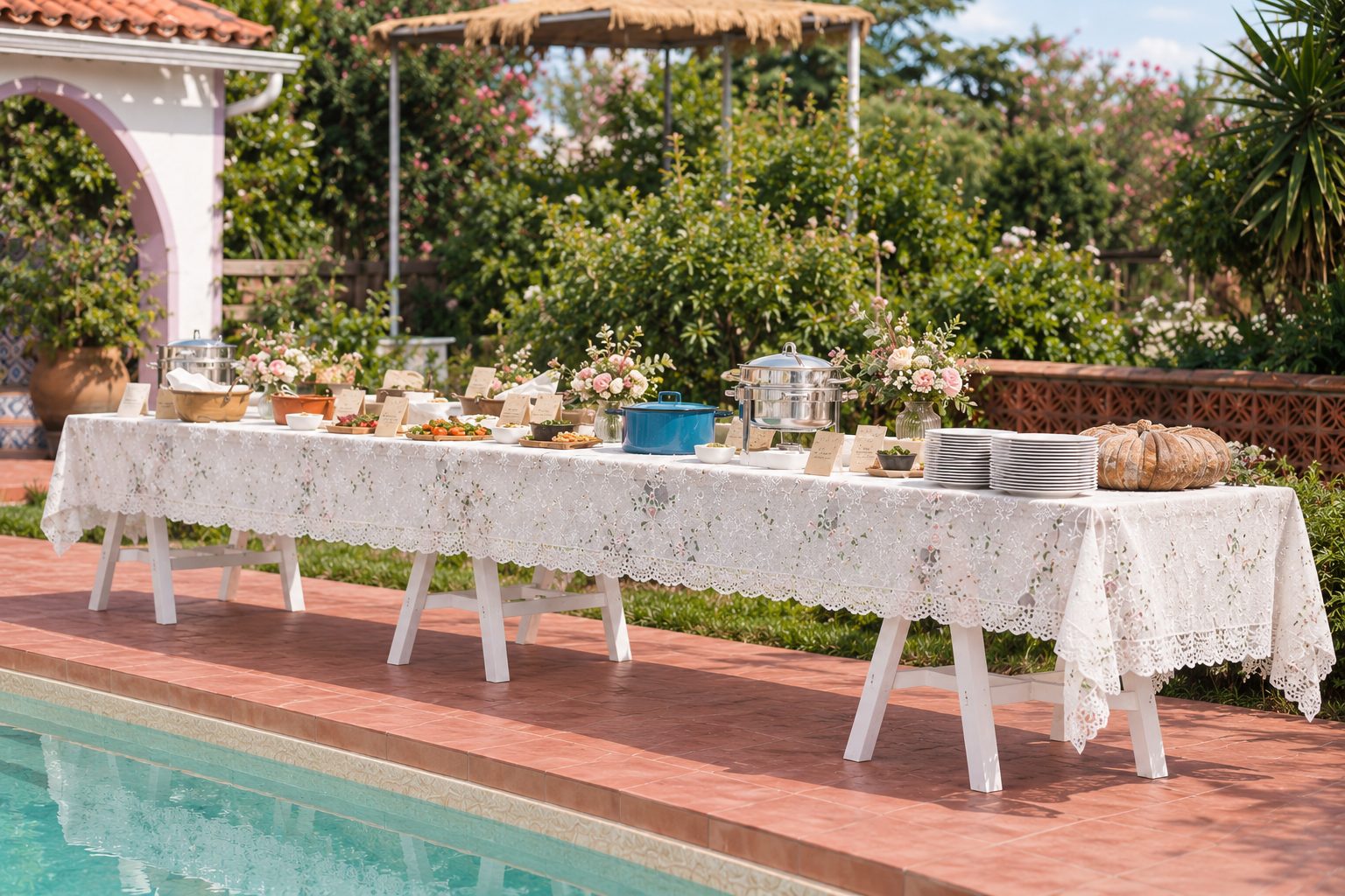 Mesa de buffet junto à piscina